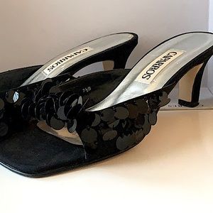 Caparros evening shoe/black sequins/kitten heels